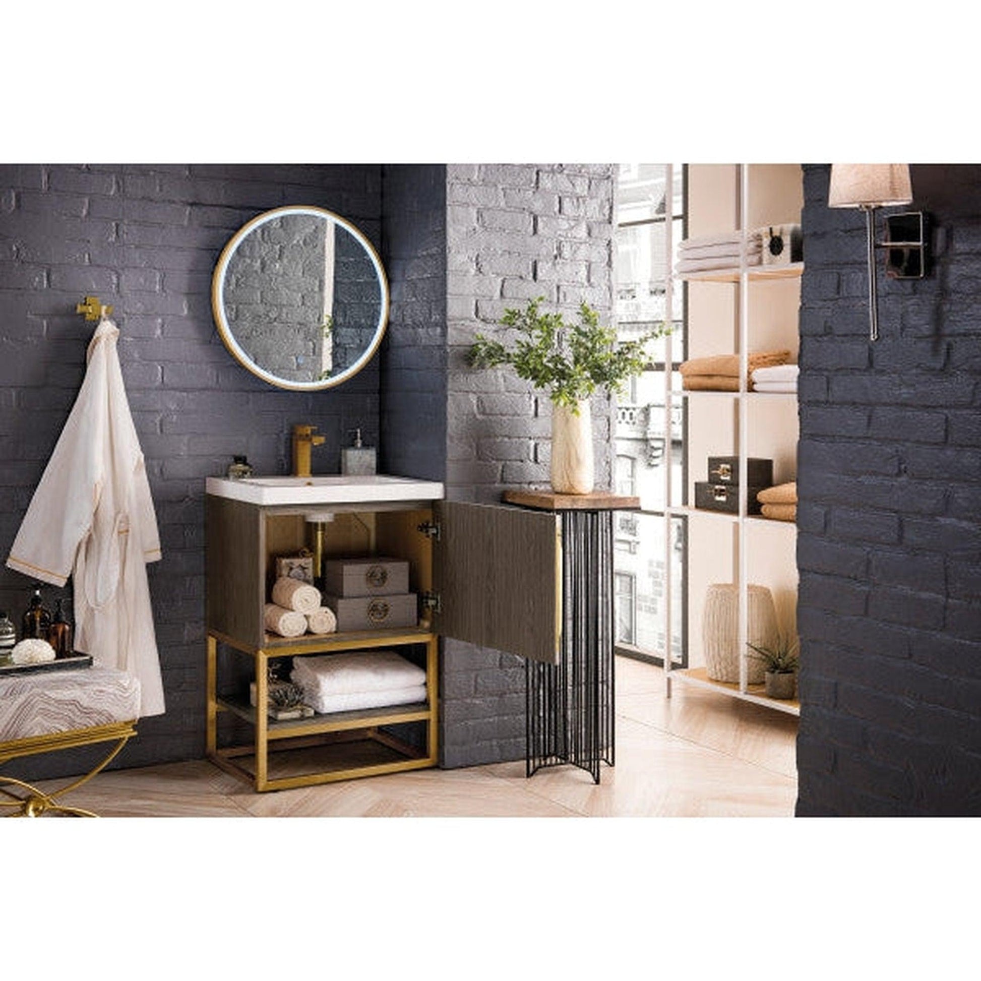 James Martin Columbia 24" Single Ash Gray Bathroom Vanity With Radiant Gold Hardware and 2" Glossy White Composite Countertop