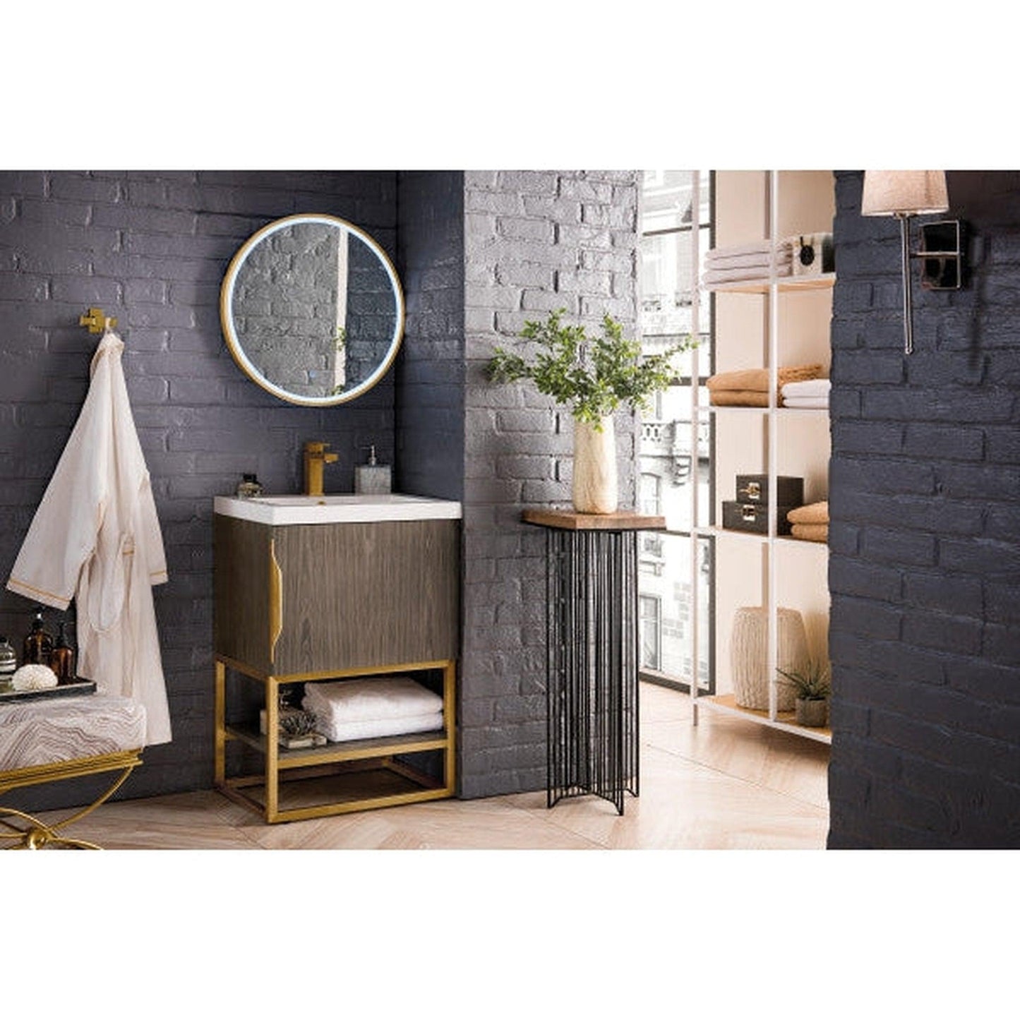 James Martin Columbia 24" Single Ash Gray Bathroom Vanity With Radiant Gold Hardware and 2" Glossy White Composite Countertop