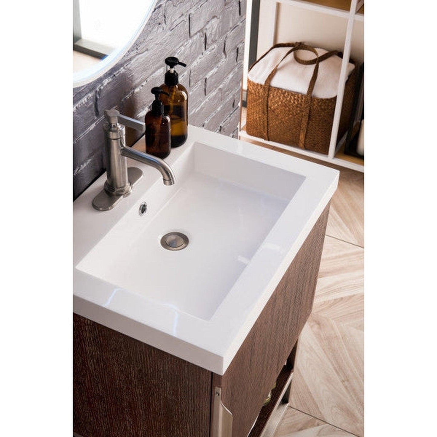 James Martin Columbia 24" Single Coffee Oak Bathroom Vanity With Brushed Nickel Hardware and 2" Glossy White Composite Countertop