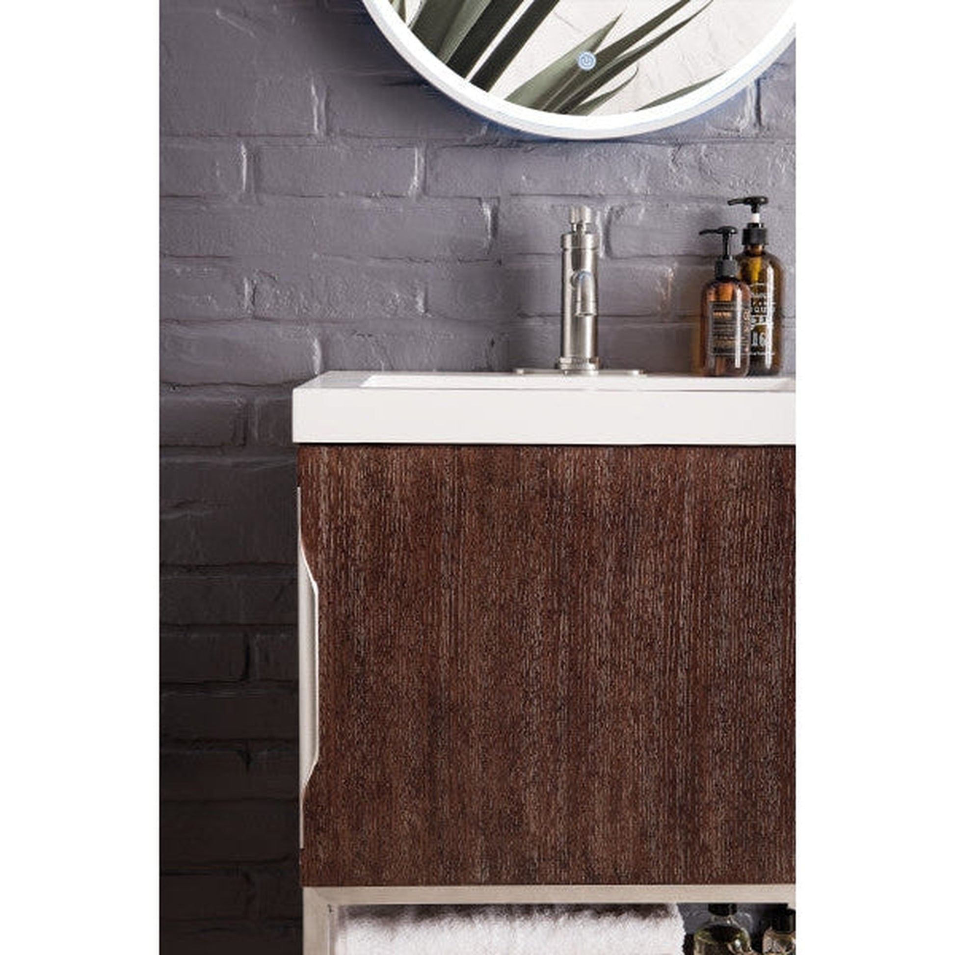 James Martin Columbia 24" Single Coffee Oak Bathroom Vanity With Brushed Nickel Hardware and 2" Glossy White Composite Countertop