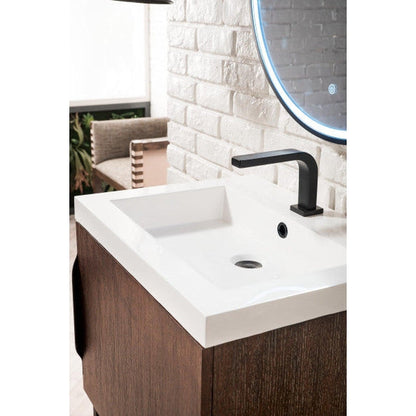 James Martin Columbia 24" Single Coffee Oak Bathroom Vanity With Matte Black Hardware and 2" Glossy White Composite Countertop