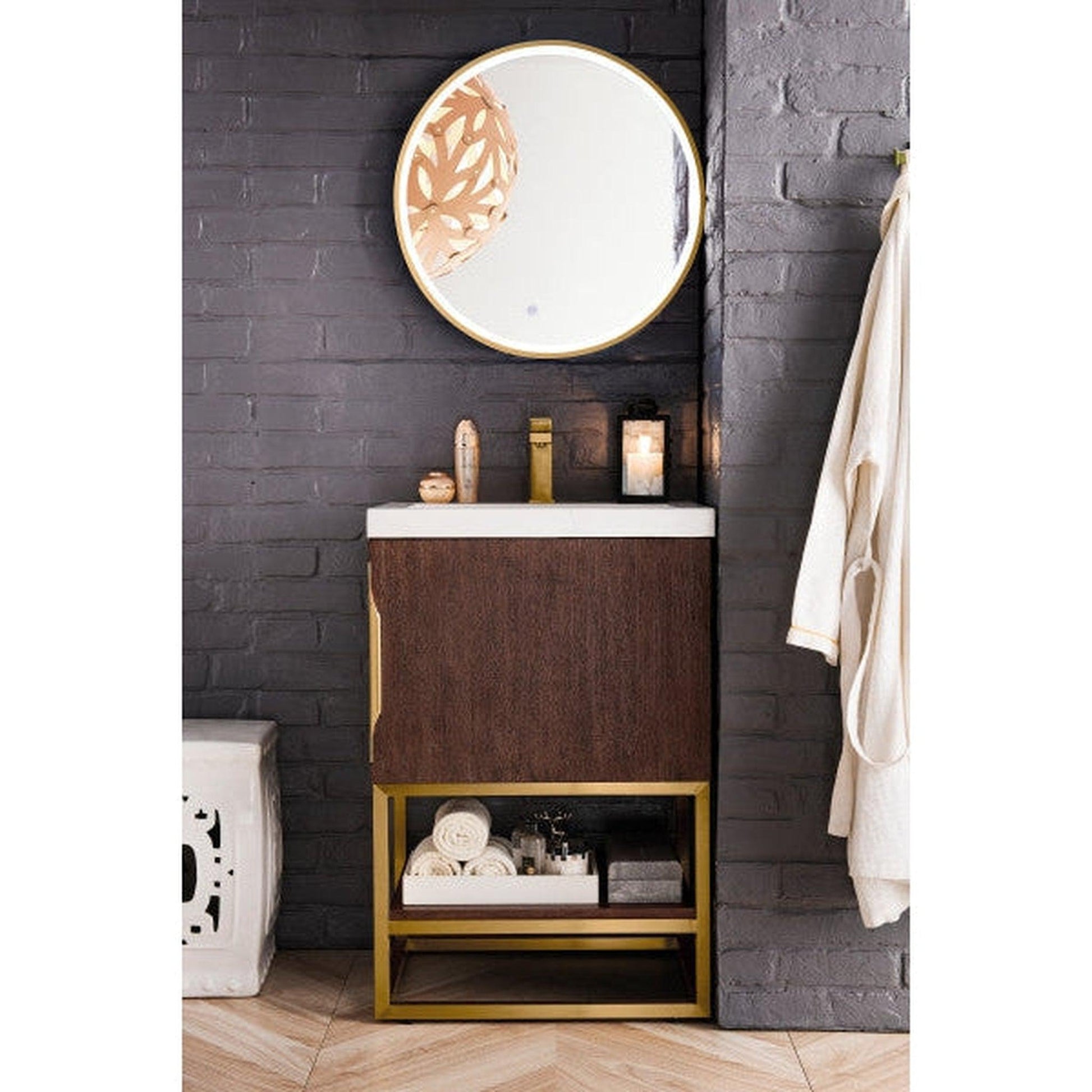 James Martin Columbia 24" Single Coffee Oak Bathroom Vanity With Radiant Gold Hardware and 2" Glossy White Composite Countertop