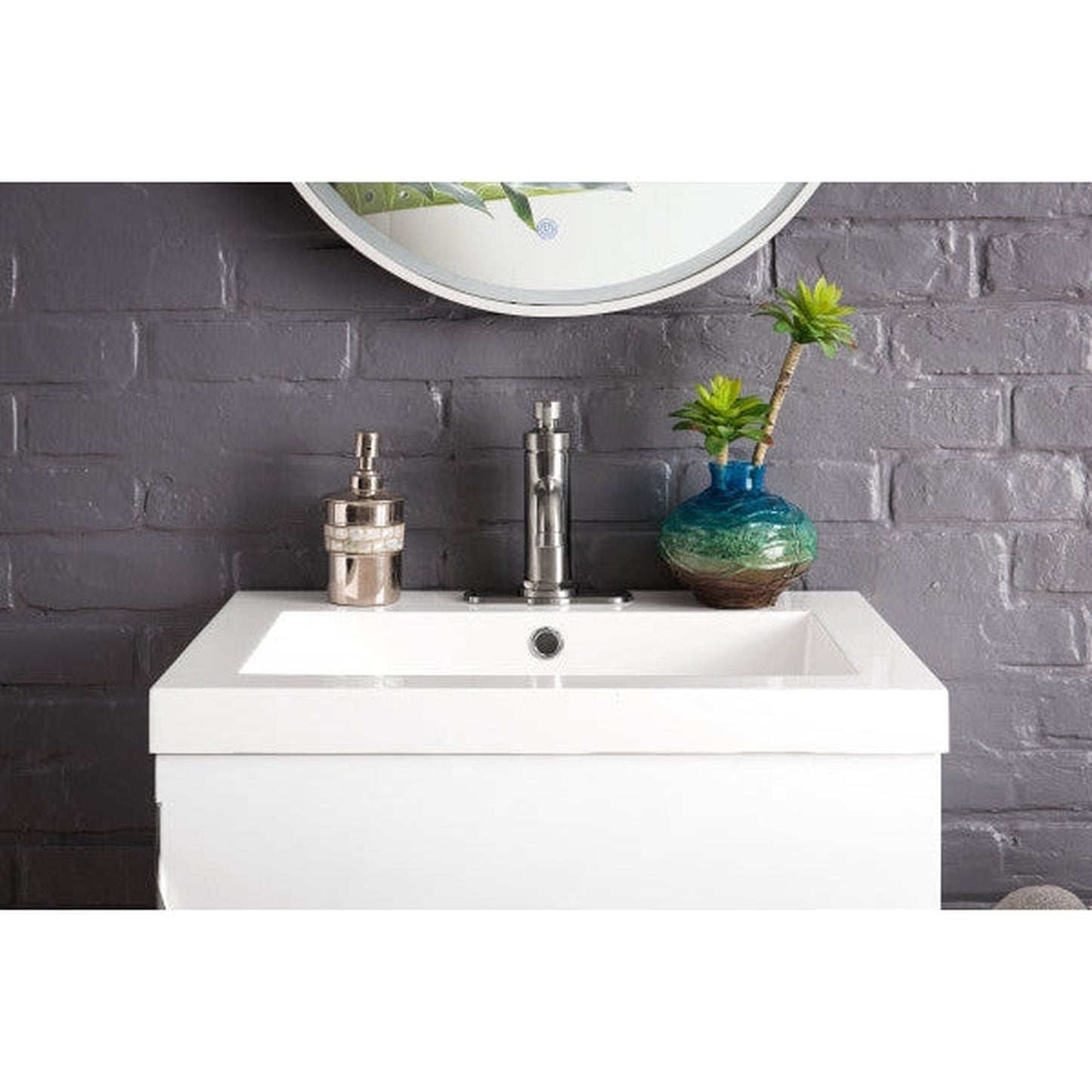 James Martin Columbia 24" Single Glossy White Bathroom Vanity With Brushed Nickel Hardware and 2" Glossy White Composite Countertop