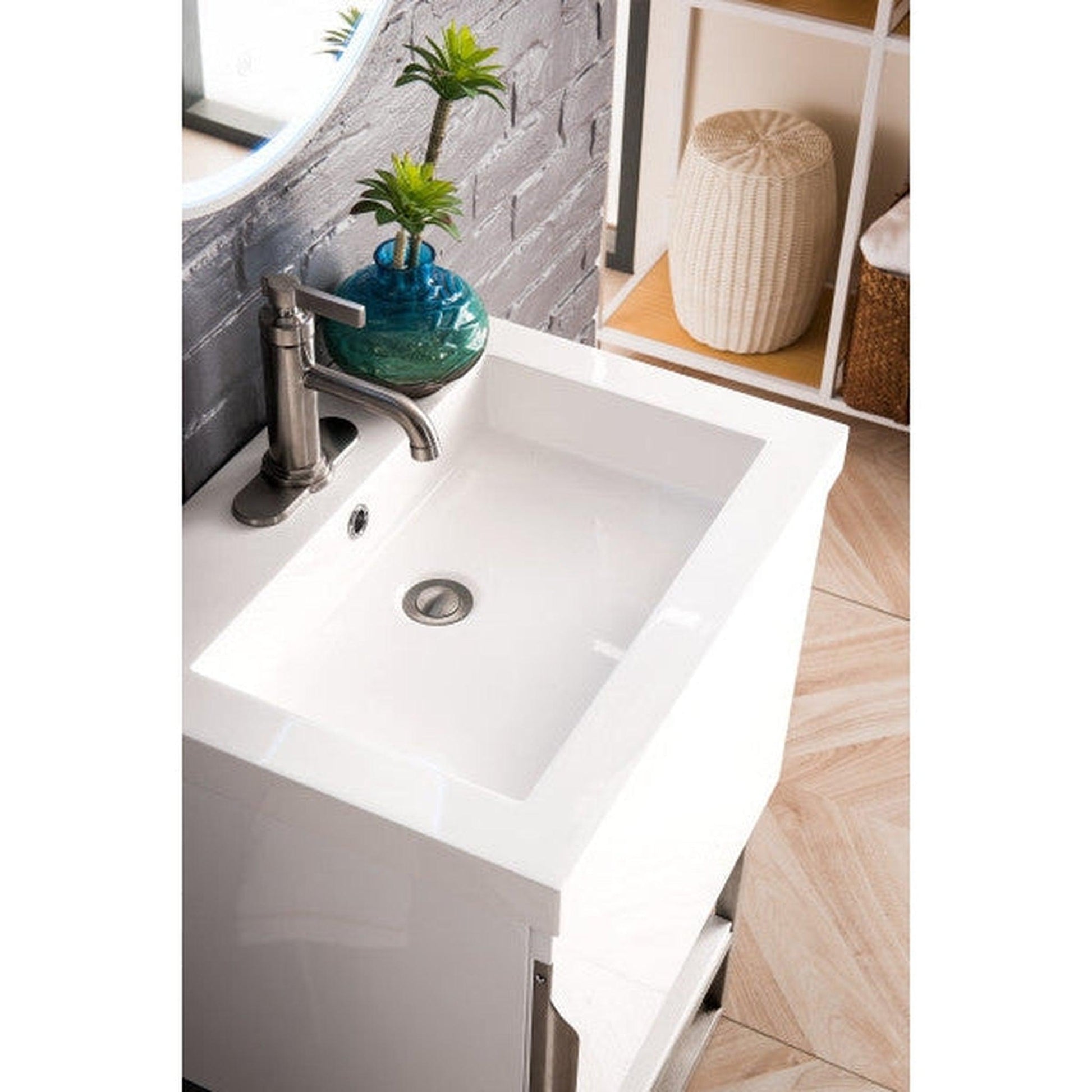 James Martin Columbia 24" Single Glossy White Bathroom Vanity With Brushed Nickel Hardware and 2" Glossy White Composite Countertop