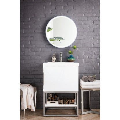 James Martin Columbia 24" Single Glossy White Bathroom Vanity With Brushed Nickel Hardware and 2" Glossy White Composite Countertop