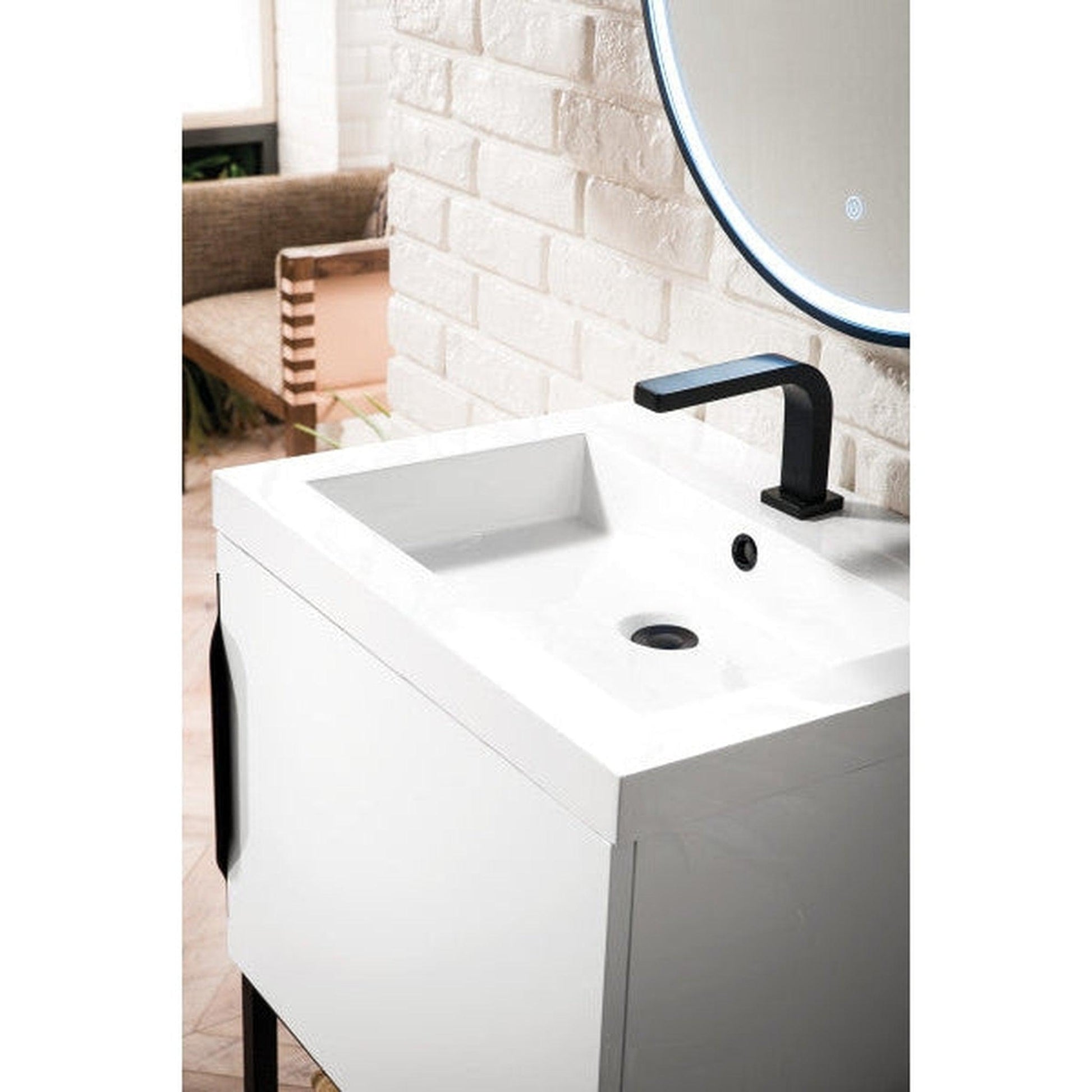 James Martin Columbia 24" Single Glossy White Bathroom Vanity With Matte Black Hardware and 2" Glossy White Composite Countertop