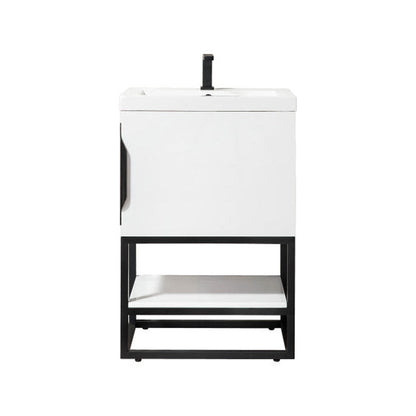 James Martin Columbia 24" Single Glossy White Bathroom Vanity With Matte Black Hardware and 2" Glossy White Composite Countertop