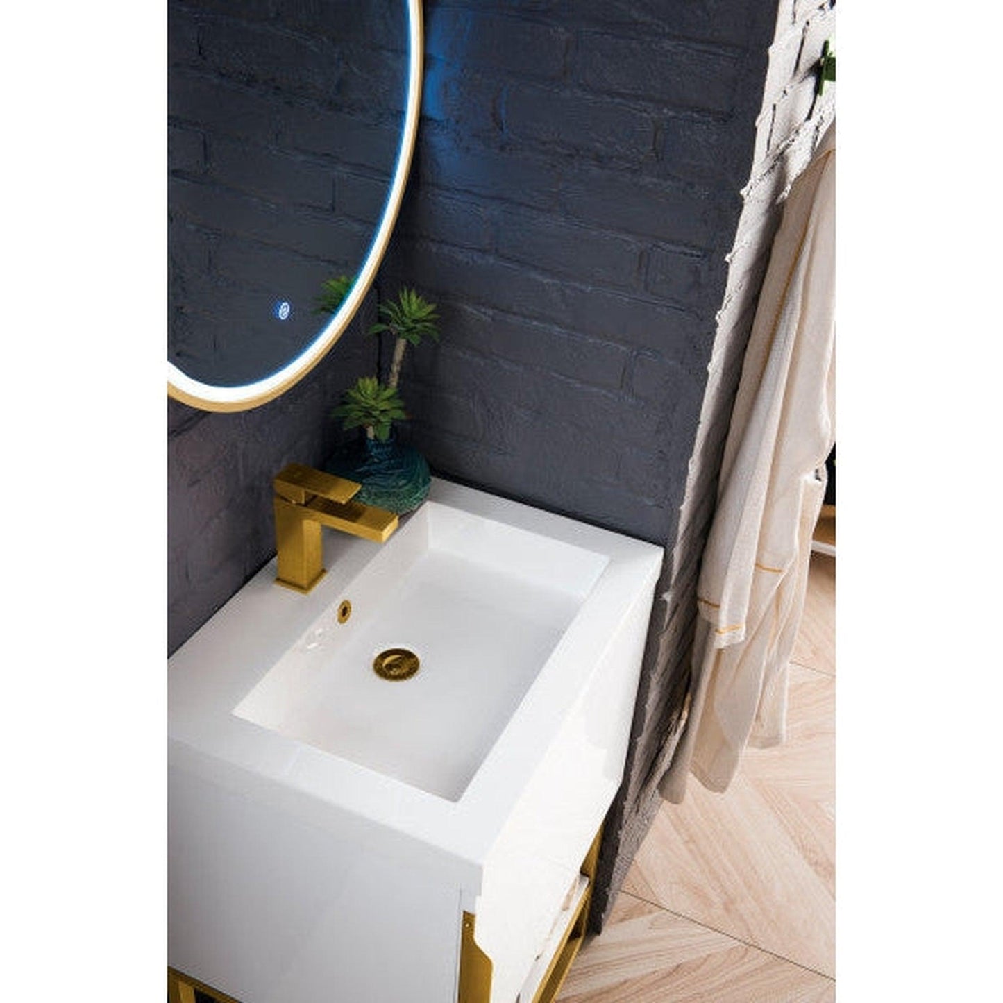 James Martin Columbia 24" Single Glossy White Bathroom Vanity With Radiant Gold Hardware and 2" Glossy White Composite Countertop
