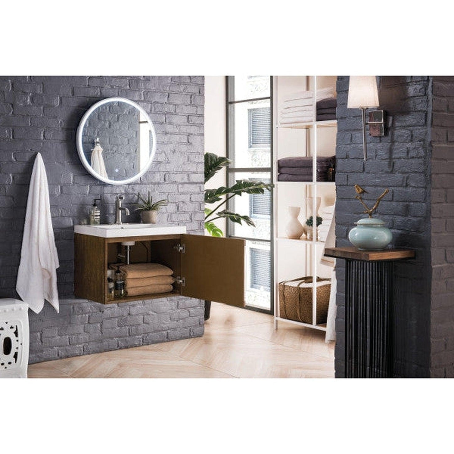 James Martin Columbia 24" Single Latte Oak Bathroom Vanity With 2" Glossy White Composite Countertop