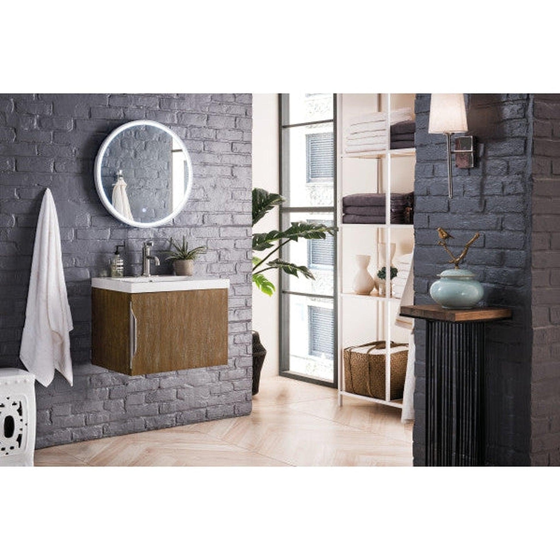 James Martin Columbia 24" Single Latte Oak Bathroom Vanity With 2" Glossy White Composite Countertop