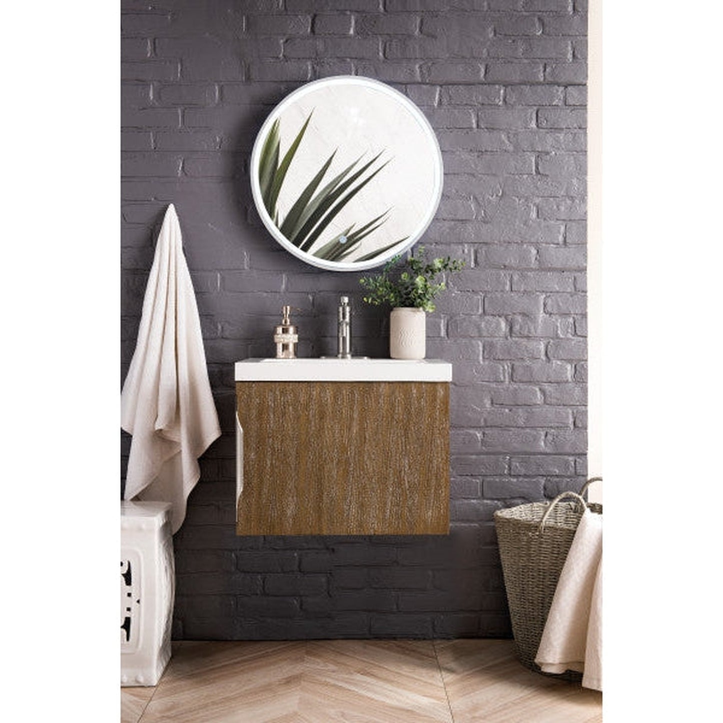 James Martin Columbia 24" Single Latte Oak Bathroom Vanity With 2" Glossy White Composite Countertop