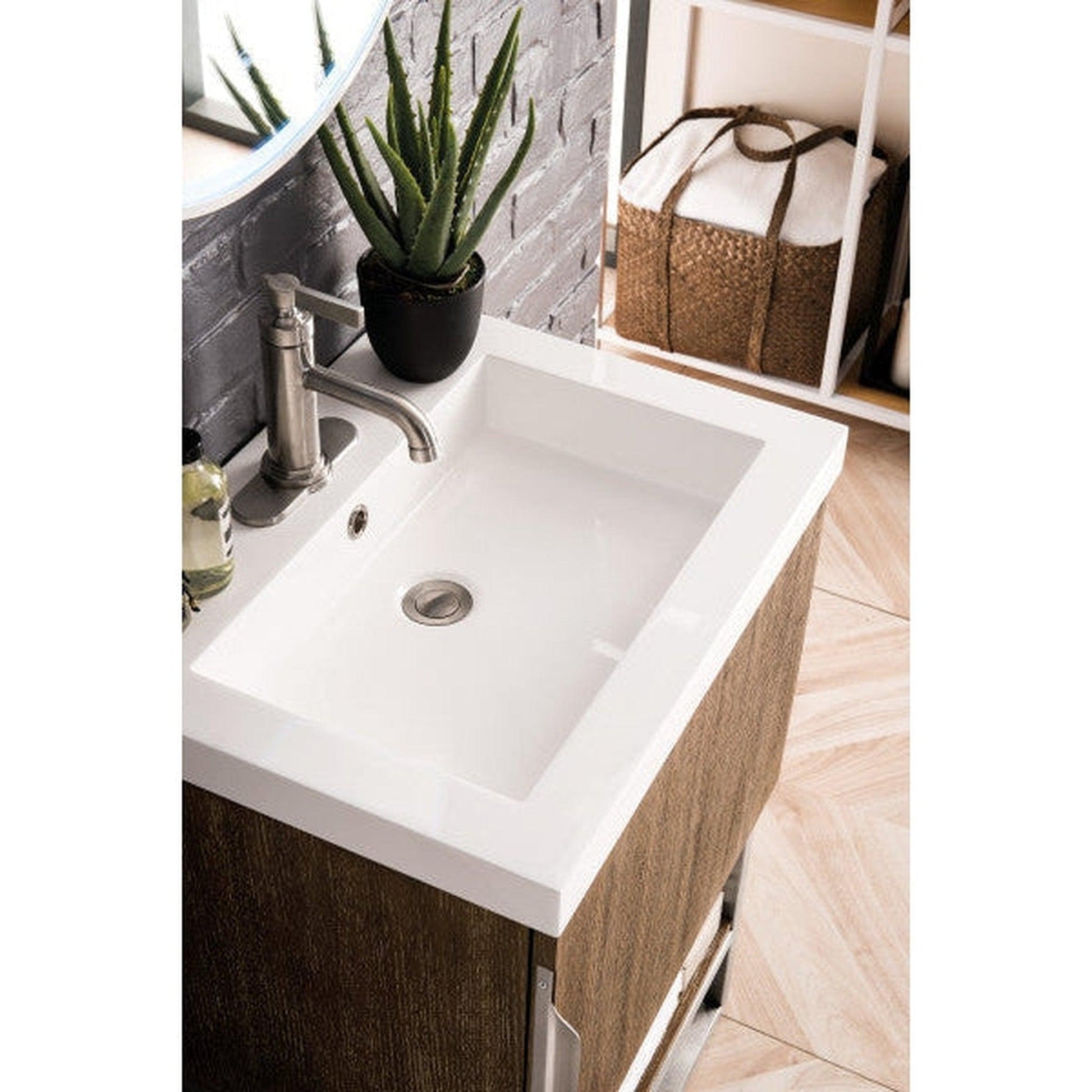 James Martin Columbia 24" Single Latte Oak Bathroom Vanity With Brushed Nickel Hardware and 2" Glossy White Composite Countertop