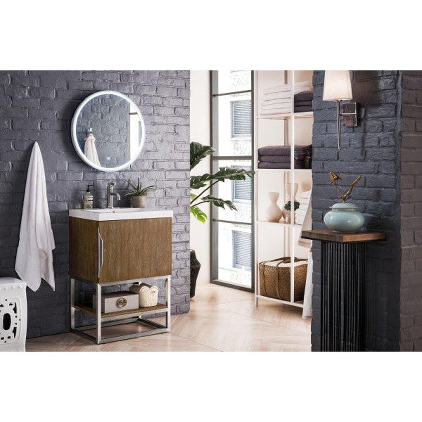 James Martin Columbia 24" Single Latte Oak Bathroom Vanity With Brushed Nickel Hardware and 2" Glossy White Composite Countertop