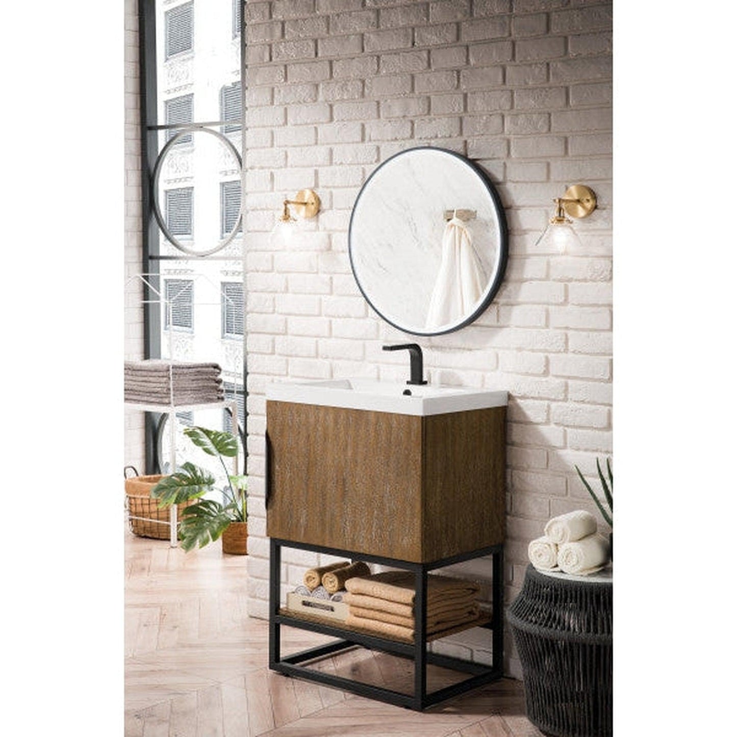 James Martin Columbia 24" Single Latte Oak Bathroom Vanity With Matte Black Hardware and 2" Glossy White Composite Countertop