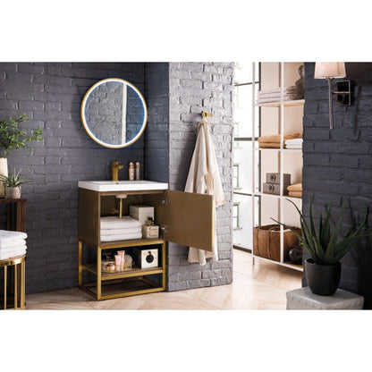 James Martin Columbia 24" Single Latte Oak Bathroom Vanity With Radiant Gold Hardware and 2" Glossy White Composite Countertop
