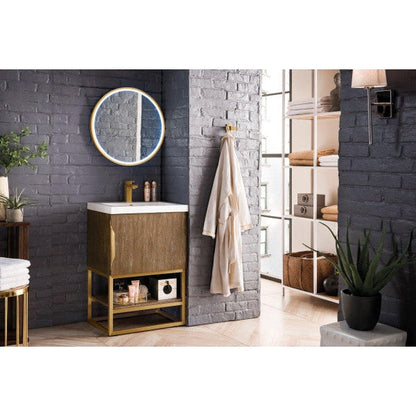 James Martin Columbia 24" Single Latte Oak Bathroom Vanity With Radiant Gold Hardware and 2" Glossy White Composite Countertop