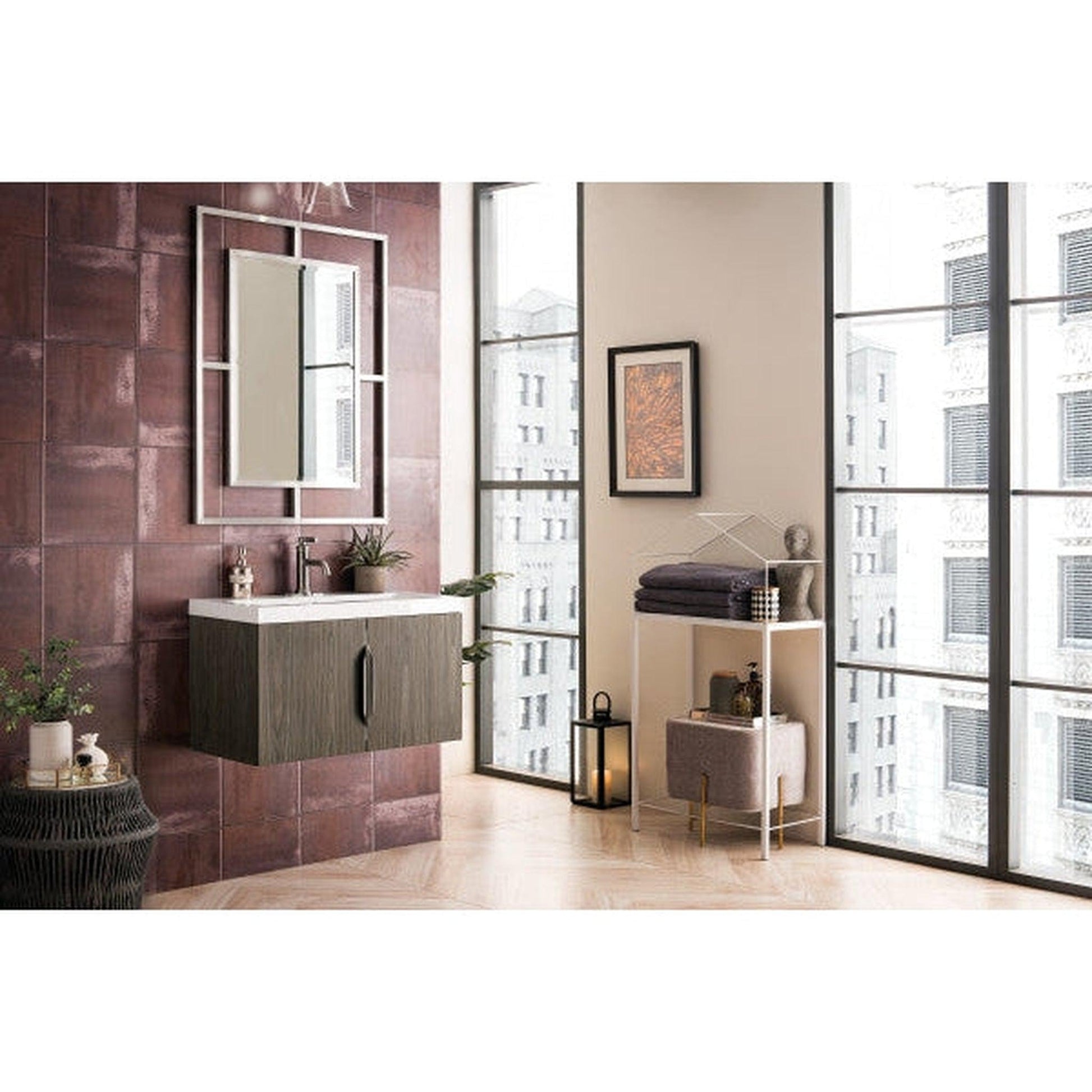 James Martin Columbia 32" Single Ash Gray Bathroom Vanity With 2" Glossy White Composite Countertop