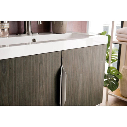James Martin Columbia 32" Single Ash Gray Bathroom Vanity With Brushed Nickel Hardware and 2" Glossy White Composite Countertop