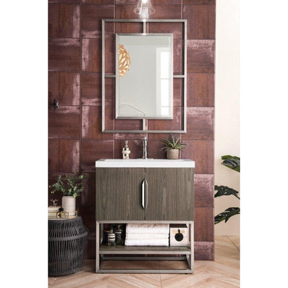 James Martin Columbia 32" Single Ash Gray Bathroom Vanity With Brushed Nickel Hardware and 2" Glossy White Composite Countertop