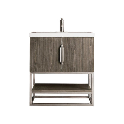 James Martin Columbia 32" Single Ash Gray Bathroom Vanity With Brushed Nickel Hardware and 2" Glossy White Composite Countertop