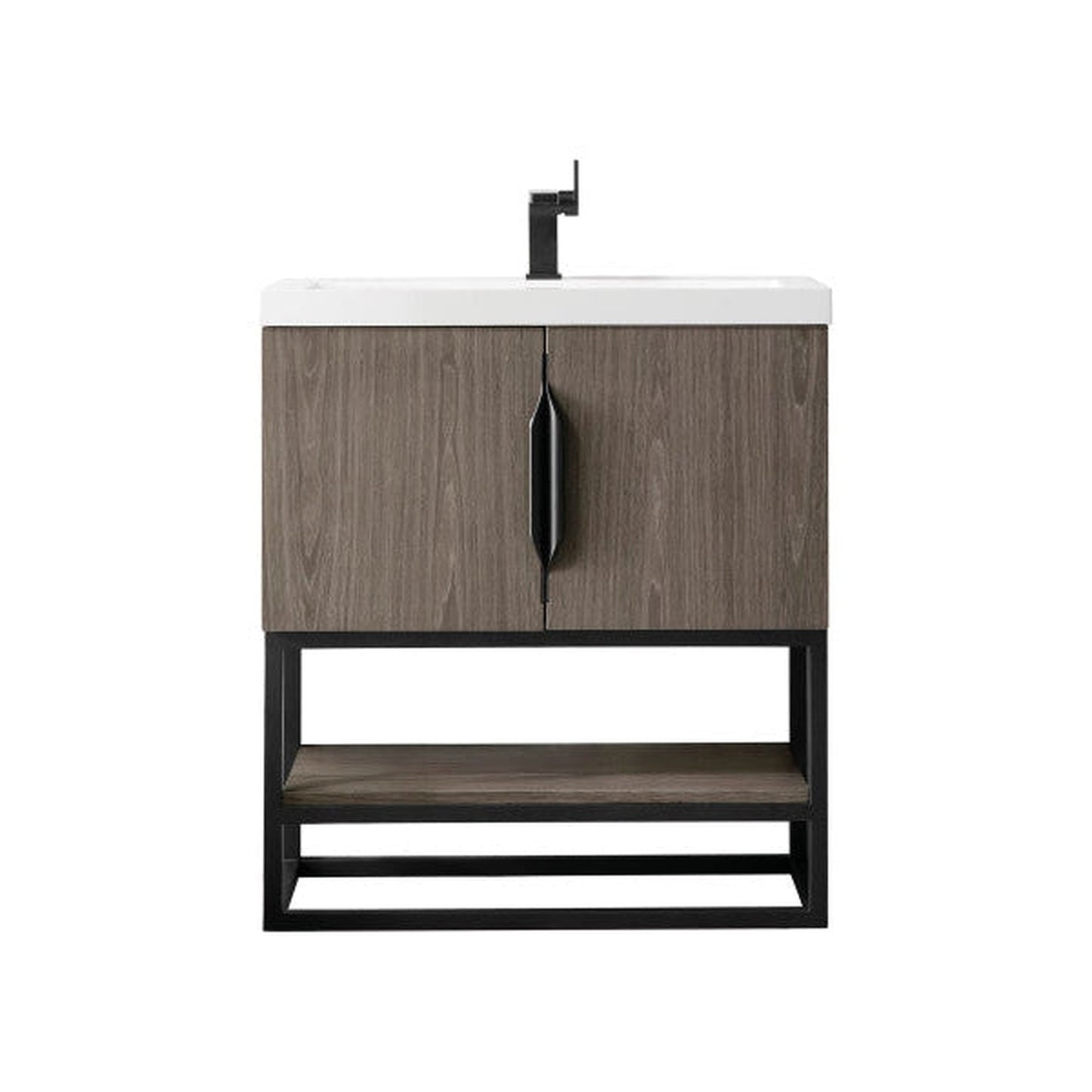 James Martin Columbia 32" Single Ash Gray Bathroom Vanity With Matte Black Hardware and 2" Glossy White Composite Countertop