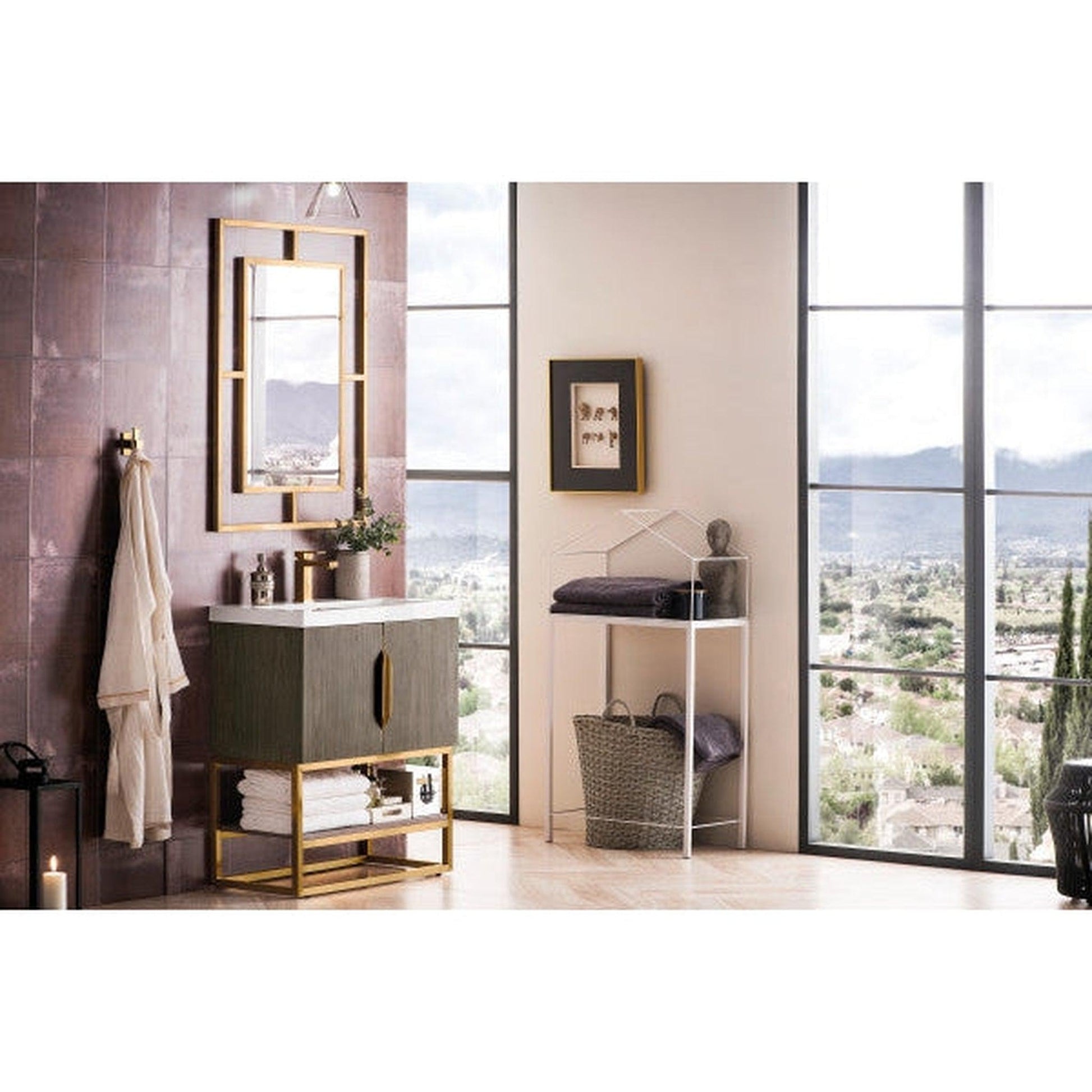 James Martin Columbia 32" Single Ash Gray Bathroom Vanity With Radiant Gold Hardware and 2" Glossy White Composite Countertop