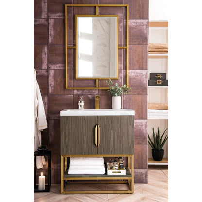 James Martin Columbia 32" Single Ash Gray Bathroom Vanity With Radiant Gold Hardware and 2" Glossy White Composite Countertop