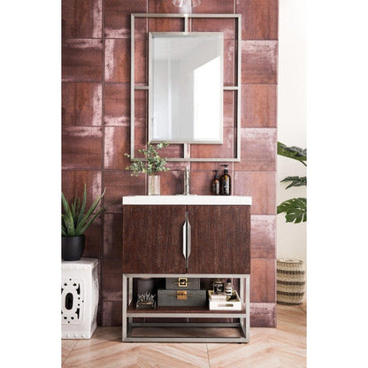 James Martin Columbia 32" Single Coffee Oak Bathroom Vanity With Brushed Nickel Hardware and 2" Glossy White Composite Countertop