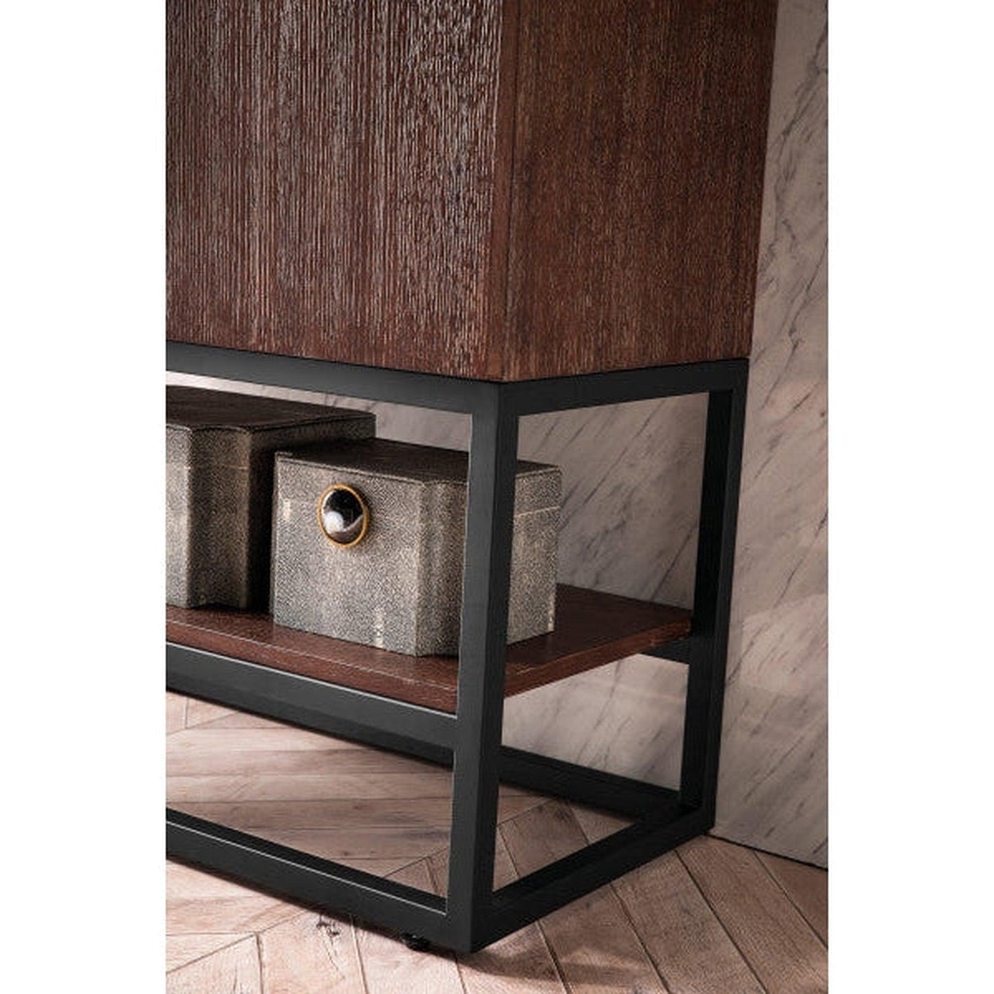 James Martin Columbia 32" Single Coffee Oak Bathroom Vanity With Matte Black Hardware and 2" Glossy White Composite Countertop