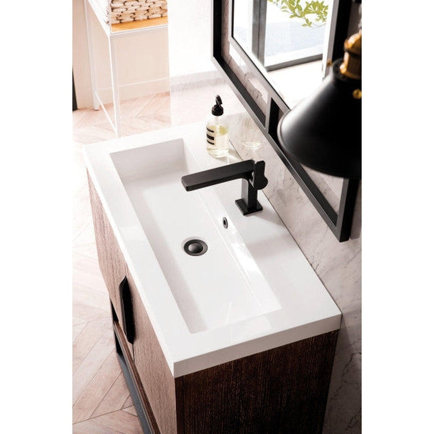 James Martin Columbia 32" Single Coffee Oak Bathroom Vanity With Matte Black Hardware and 2" Glossy White Composite Countertop