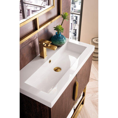 James Martin Columbia 32" Single Coffee Oak Bathroom Vanity With Radiant Gold Hardware and 2" Glossy White Composite Countertop