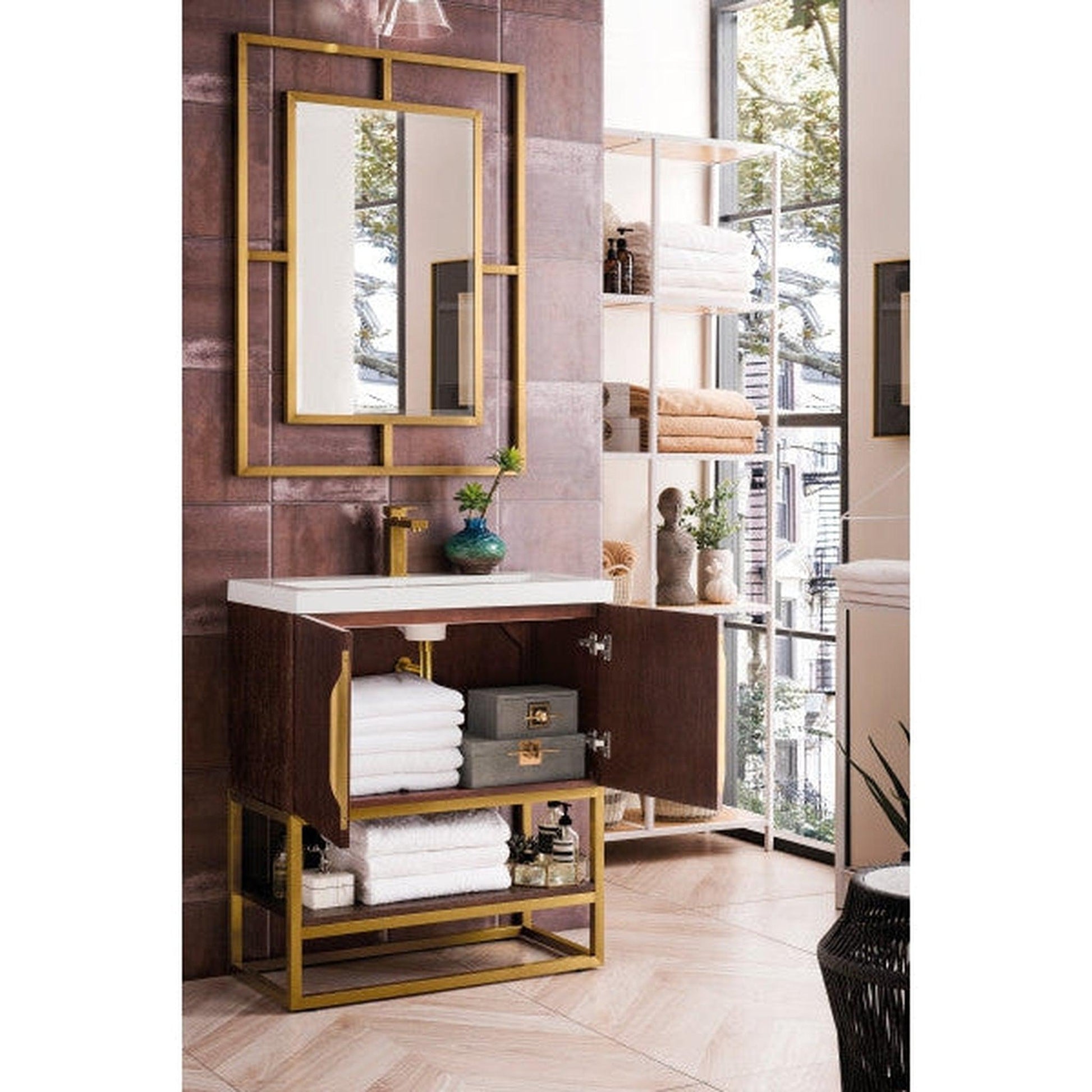 James Martin Columbia 32" Single Coffee Oak Bathroom Vanity With Radiant Gold Hardware and 2" Glossy White Composite Countertop