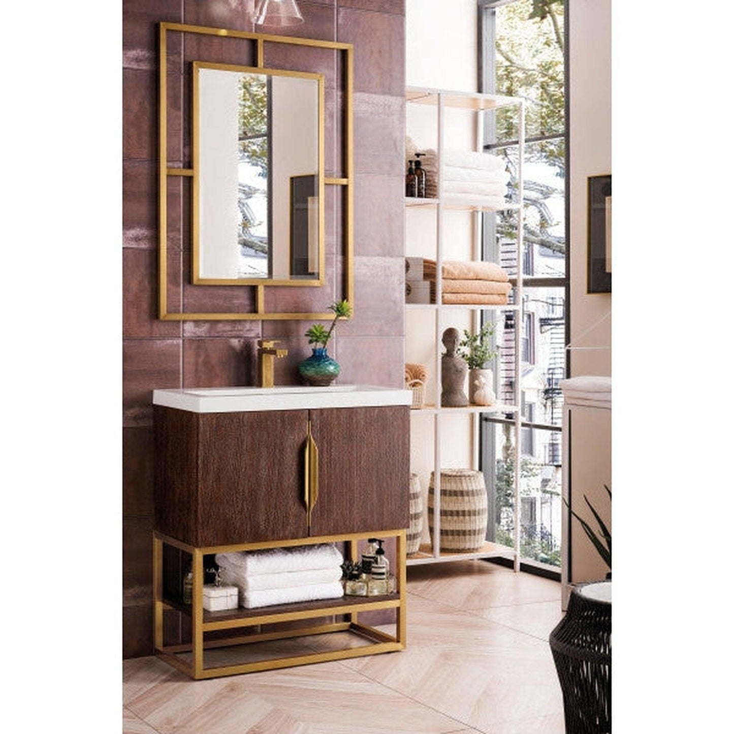 James Martin Columbia 32" Single Coffee Oak Bathroom Vanity With Radiant Gold Hardware and 2" Glossy White Composite Countertop