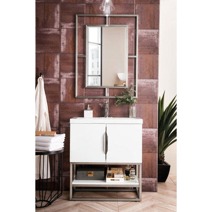 James Martin Columbia 32" Single Glossy White Bathroom Vanity With Brushed Nickel Hardware and 2" Glossy White Composite Countertop