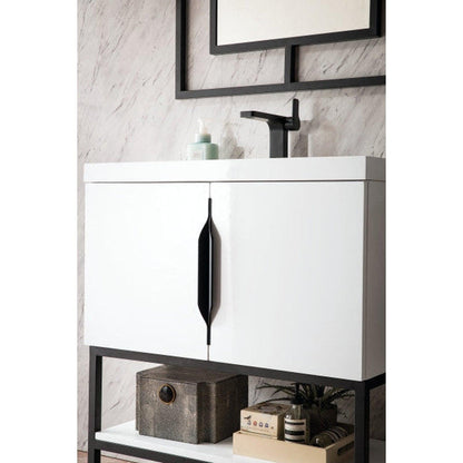 James Martin Columbia 32" Single Glossy White Bathroom Vanity With Matte Black Hardware and 2" Glossy White Composite Countertop