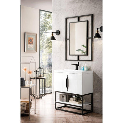 James Martin Columbia 32" Single Glossy White Bathroom Vanity With Matte Black Hardware and 2" Glossy White Composite Countertop