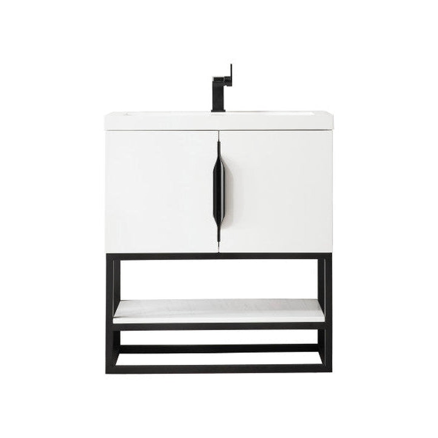 James Martin Columbia 32" Single Glossy White Bathroom Vanity With Matte Black Hardware and 2" Glossy White Composite Countertop