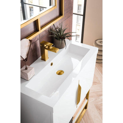 James Martin Columbia 32" Single Glossy White Bathroom Vanity With Radiant Gold Hardware and 2" Glossy White Composite Countertop