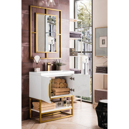James Martin Columbia 32" Single Glossy White Bathroom Vanity With Radiant Gold Hardware and 2" Glossy White Composite Countertop