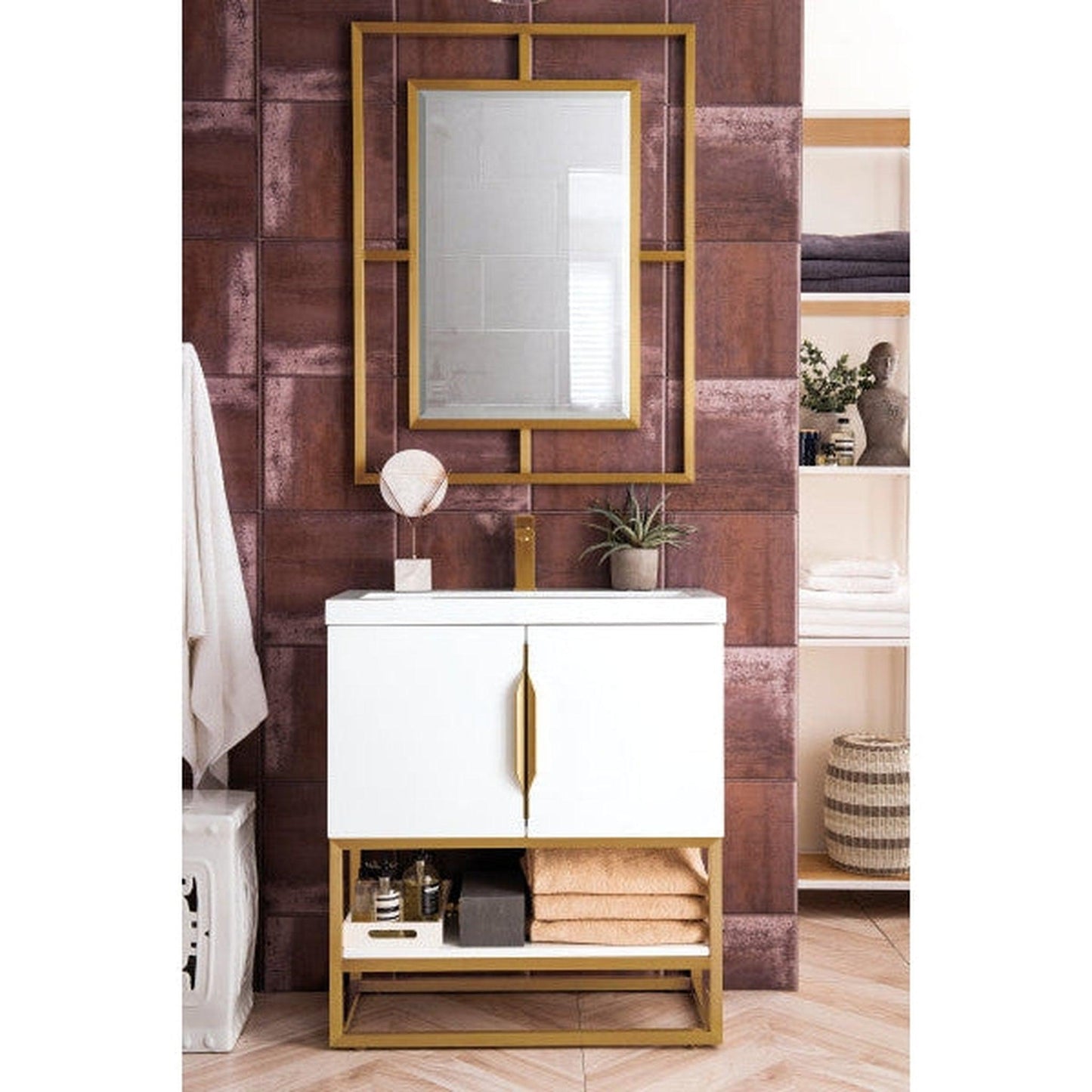 James Martin Columbia 32" Single Glossy White Bathroom Vanity With Radiant Gold Hardware and 2" Glossy White Composite Countertop