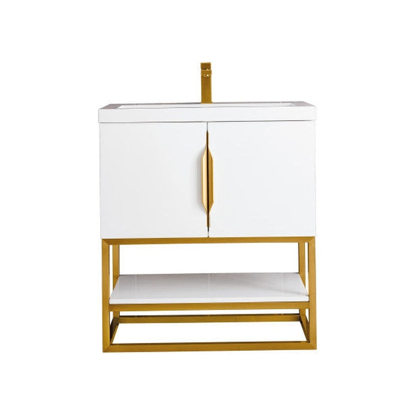 James Martin Columbia 32" Single Glossy White Bathroom Vanity With Radiant Gold Hardware and 2" Glossy White Composite Countertop