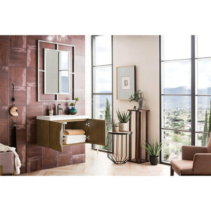 James Martin Columbia 32" Single Latte Oak Bathroom Vanity With 2" Glossy White Composite Countertop