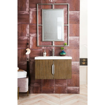 James Martin Columbia 32" Single Latte Oak Bathroom Vanity With 2" Glossy White Composite Countertop