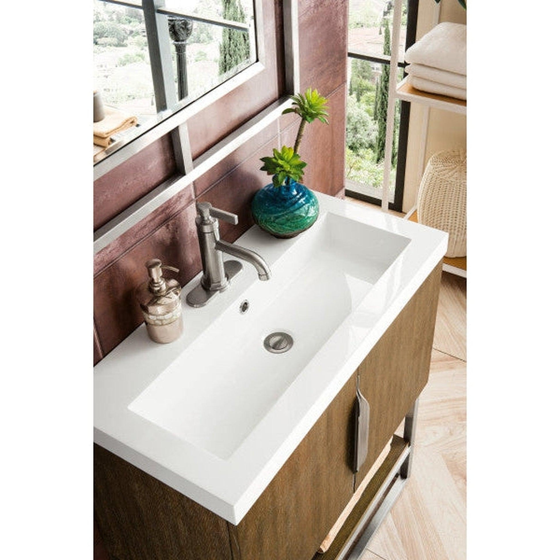 James Martin Columbia 32" Single Latte Oak Bathroom Vanity With Brushed Nickel Hardware and 2" Glossy White Composite Countertop