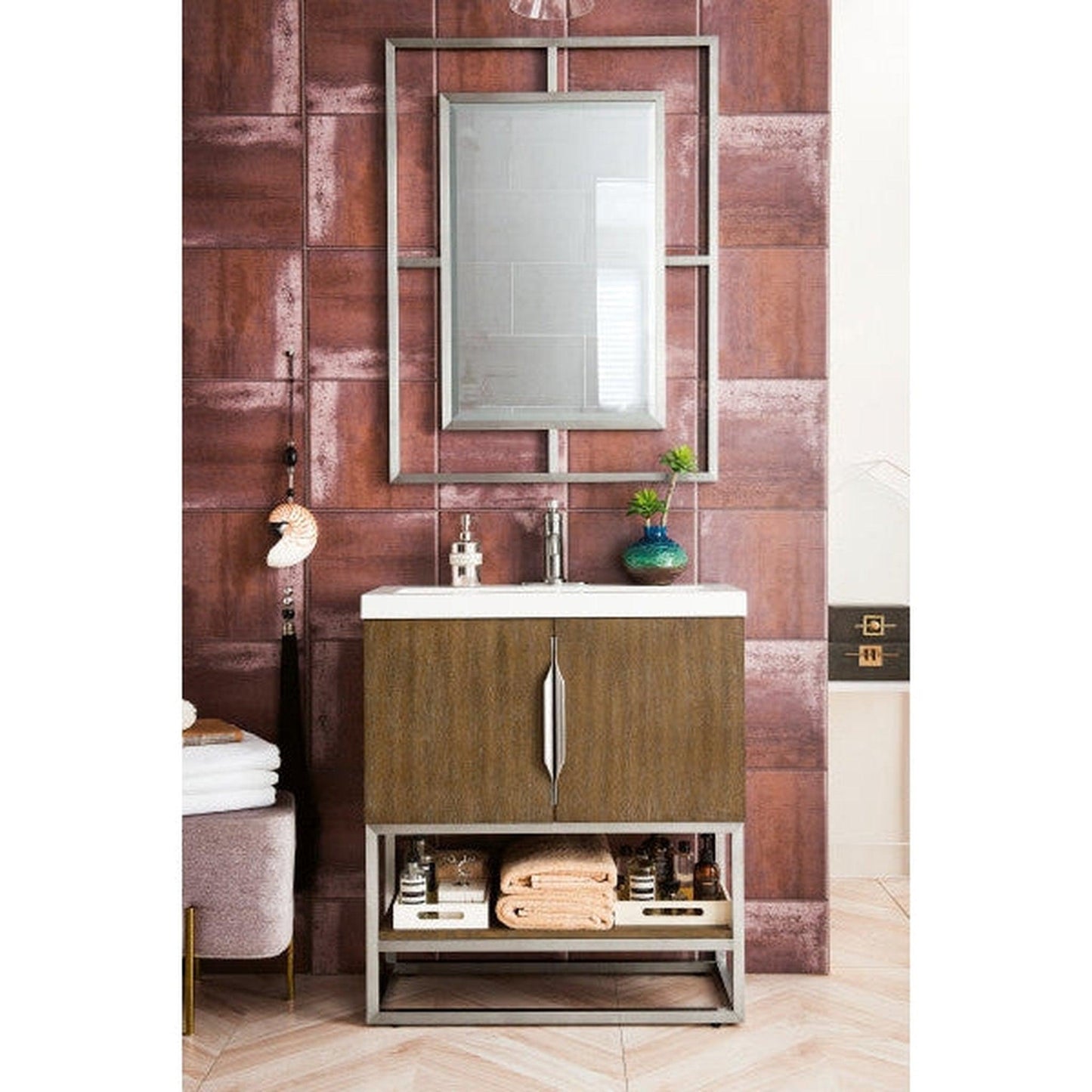 James Martin Columbia 32" Single Latte Oak Bathroom Vanity With Brushed Nickel Hardware and 2" Glossy White Composite Countertop
