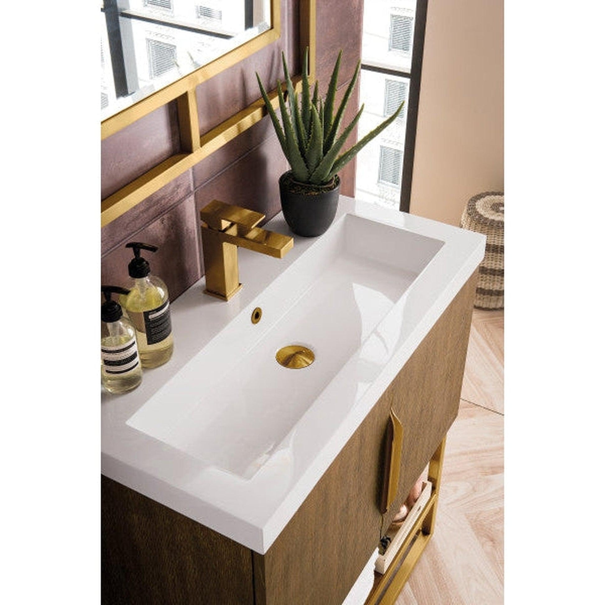 James Martin Columbia 32" Single Latte Oak Bathroom Vanity With Radiant Gold Hardware and 2" Glossy White Composite Countertop