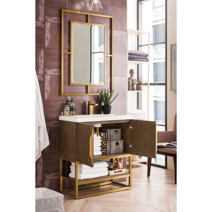 James Martin Columbia 32" Single Latte Oak Bathroom Vanity With Radiant Gold Hardware and 2" Glossy White Composite Countertop