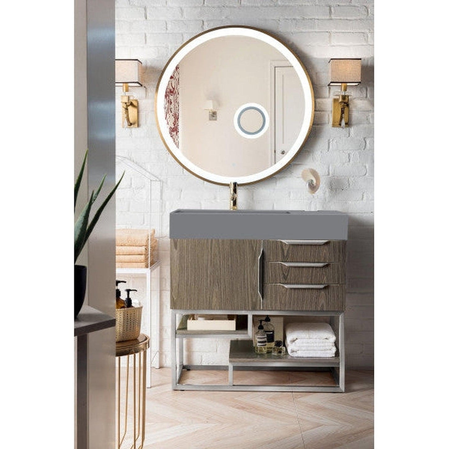 James Martin Columbia 36" Single Ash Gray Bathroom Vanity With 6" Glossy Dusk Gray Composite Countertop