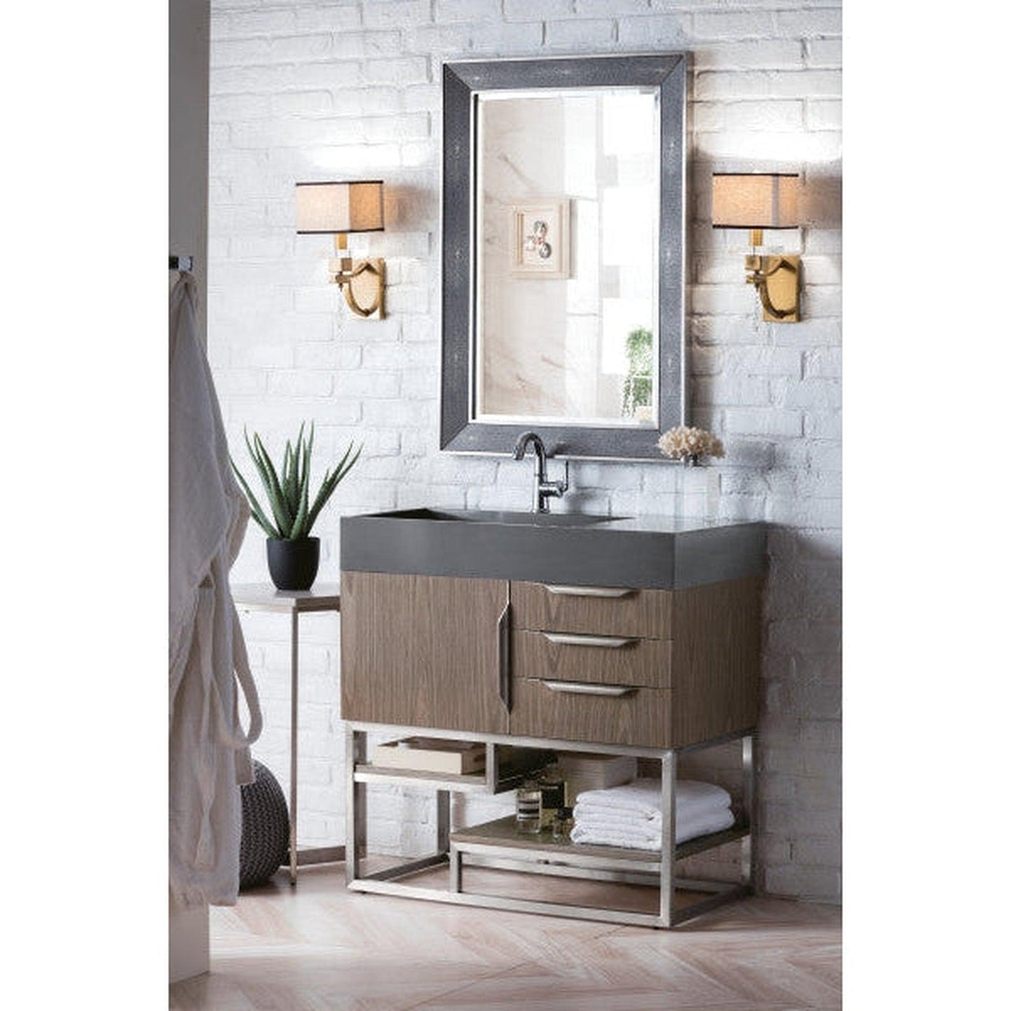 James Martin Columbia 36" Single Ash Gray Bathroom Vanity With 6" Glossy Dusk Gray Composite Countertop