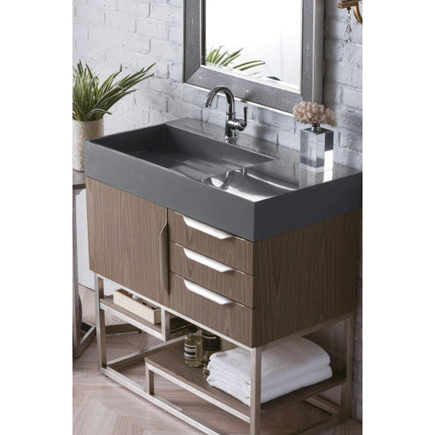 James Martin Columbia 36" Single Ash Gray Bathroom Vanity With 6" Glossy Dusk Gray Composite Countertop